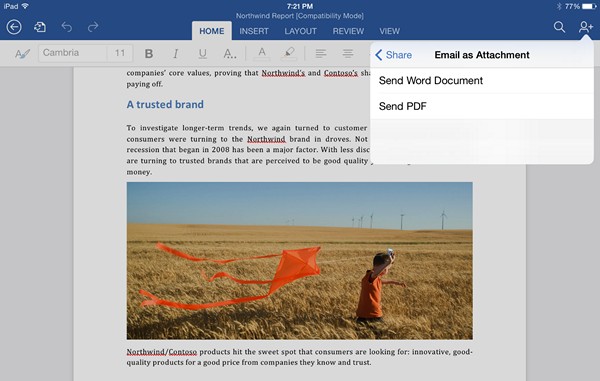 В Office для iPad появился экспорт в PDF и поддержка жестов